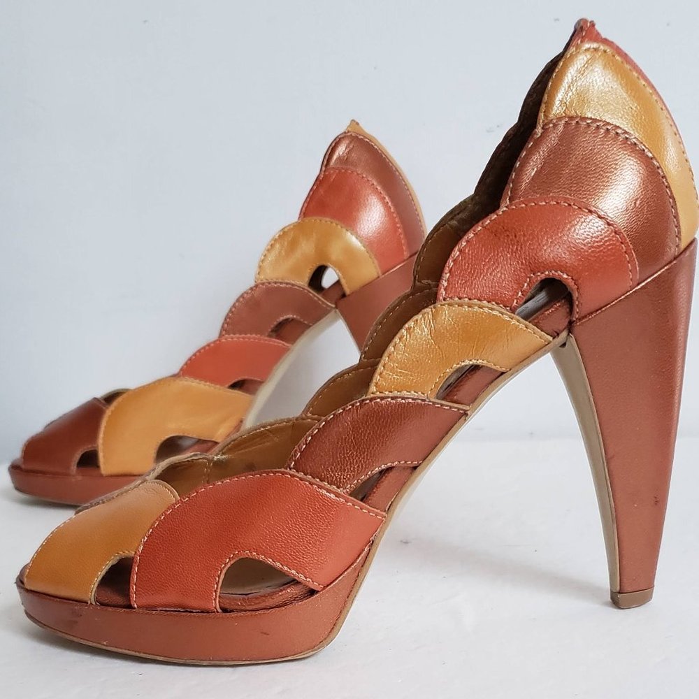 Metallic Leather Terracotta Colors Platform Scalloped Shoes Curved Heels